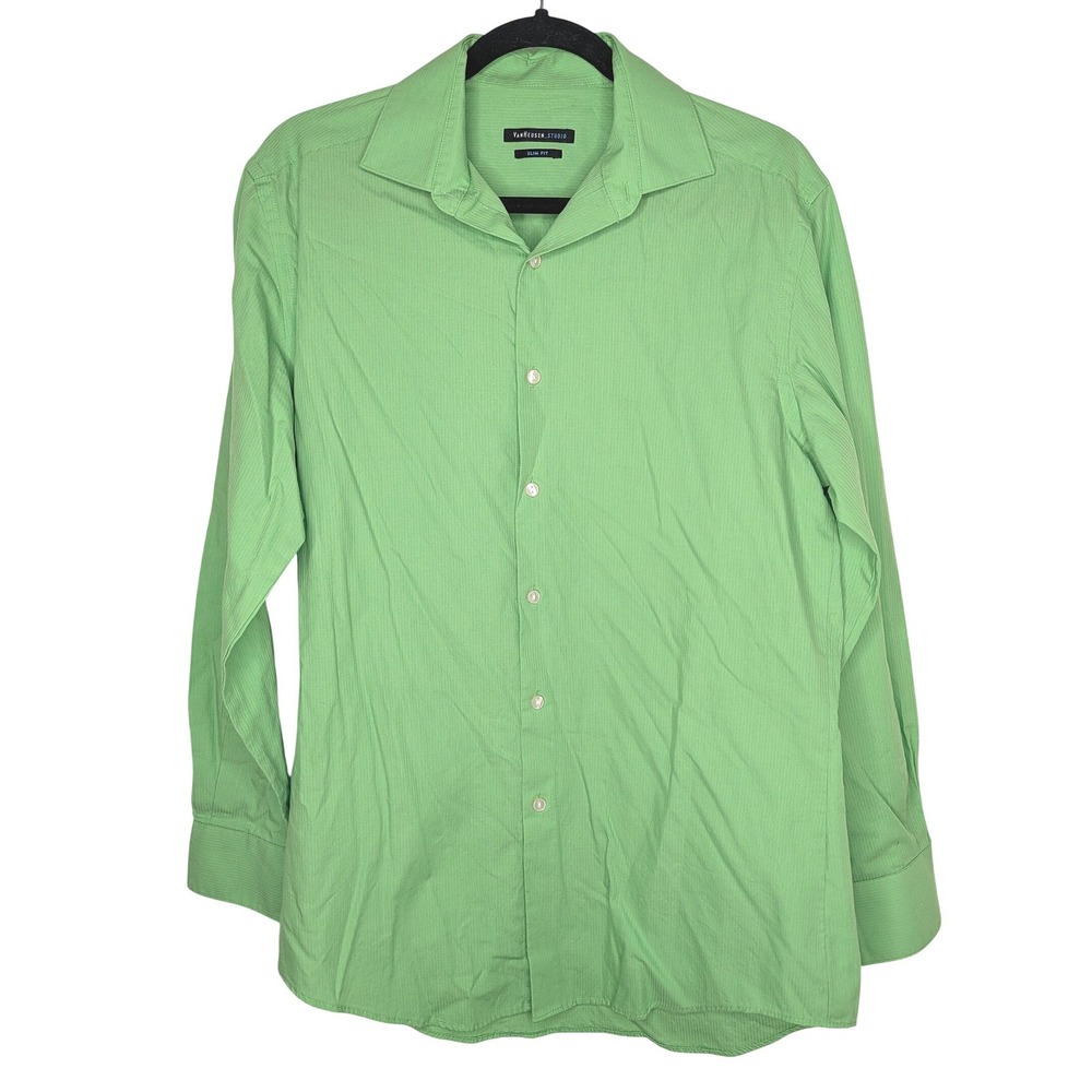 Van Heusen Studio Dress Shirt Mens 15-15.5 32/33 Green Slim Fit Micro Stripe